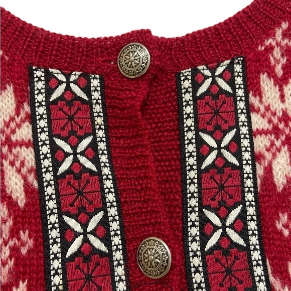 Talbots 100% wool Nordic fair isle cardigan sweater red snowflakes design size 8 - Picture 4 of 11
